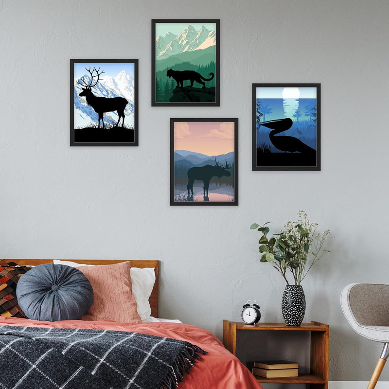 «Moose Mountain Mountain», ensemble de 4 animaux encadrés sur papier, impression encadrée sur papier, 4 pièces, Naturel
