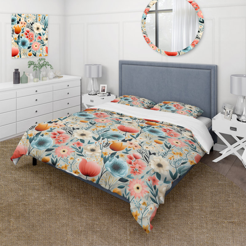Playful Blooming Floral Motif - Ensemble de housse de couette floral, Housse de couette pour grand lit et 2 taies décor