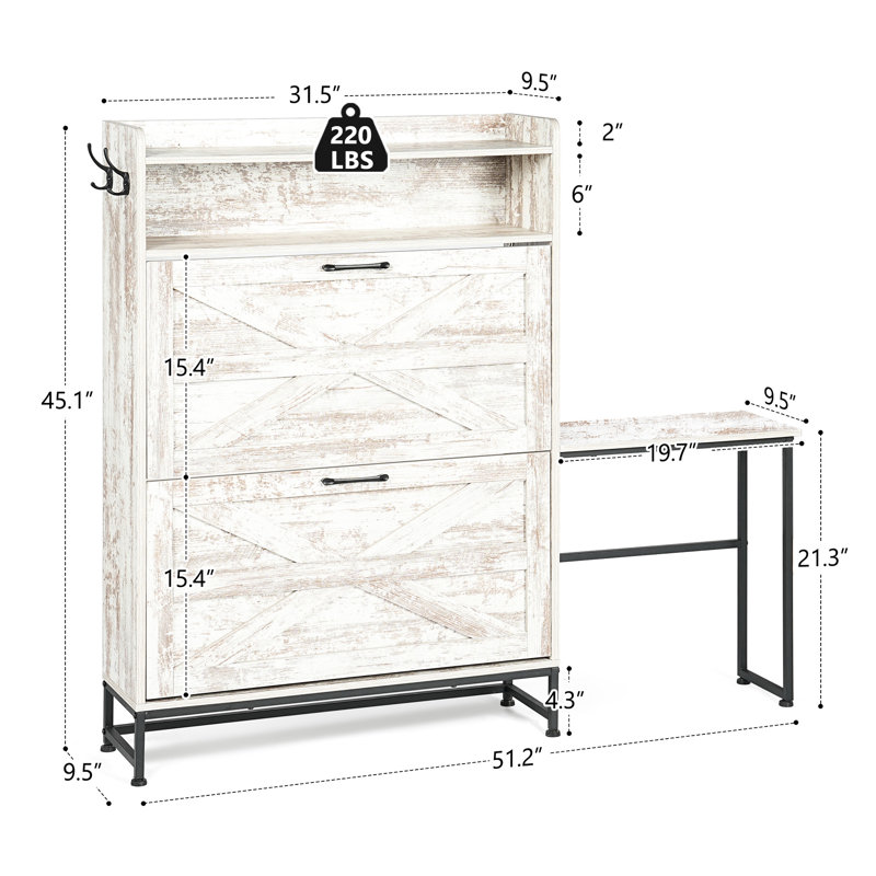 Armoire à chaussures grande capacité - blanc avec tablettes ouvertes pour le vestibule et le couloir en blanc, 2 tiroirs rabattables et fentes réglables, rangement, maison de style rétro rustique