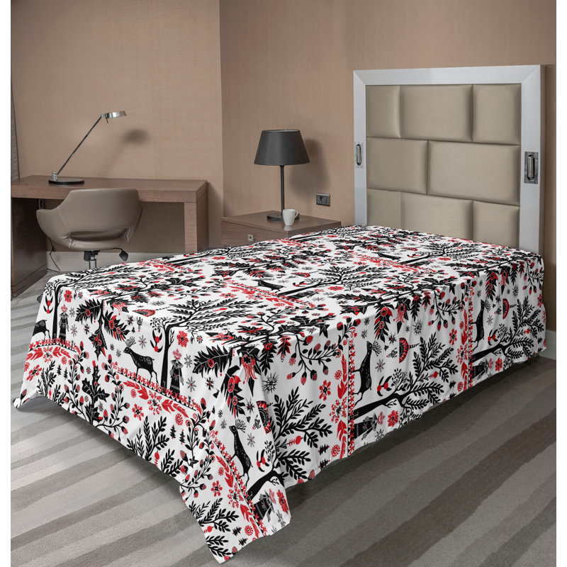 Drap plat moderne de style bohème Ambesonne, Corail foncé / noir / motif floral blanc, Drap plat pour lit simple
