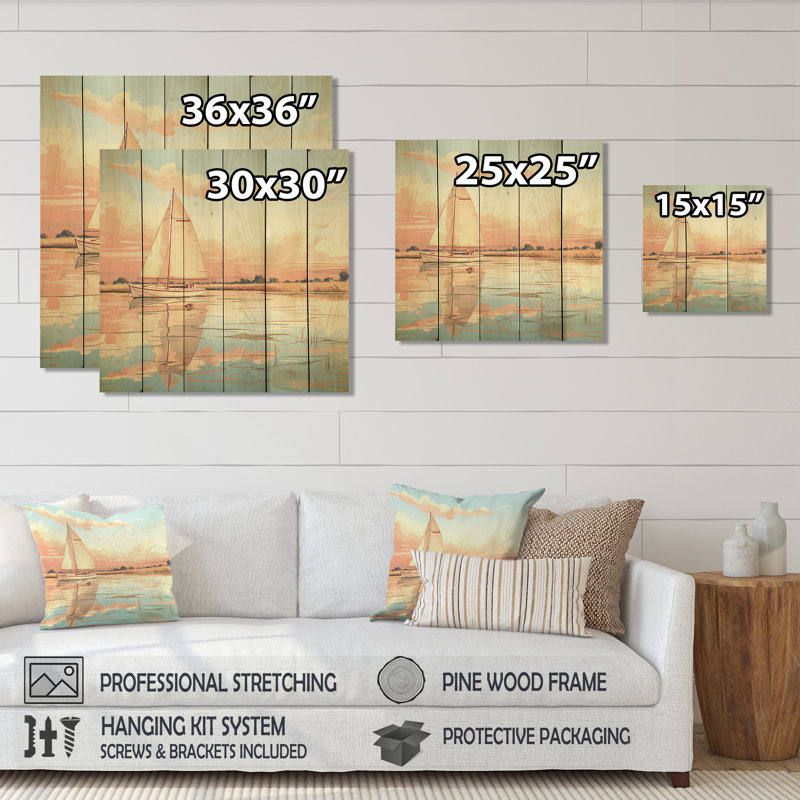 Peinture de voile orange coucher de soleil II - Bateau sur bois, H 36 po x l 36 po