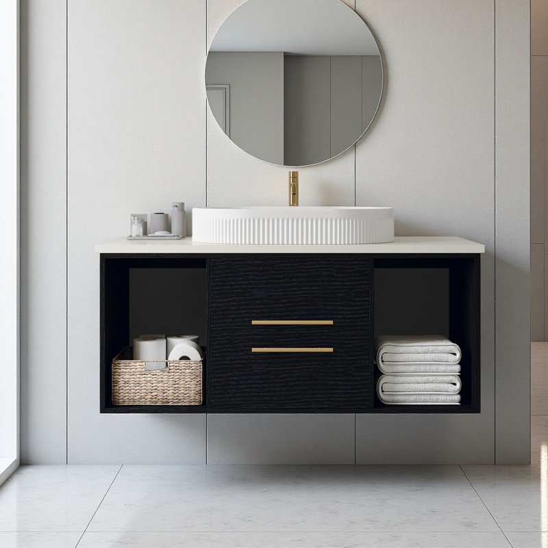 Modern Wall-Mounted Bathroom Vanity With Oval Ceramic Sink Floating Vanity Multi-Layer Solid Wood Cabinet Soft-Close Drawers Open Shelf Storage
