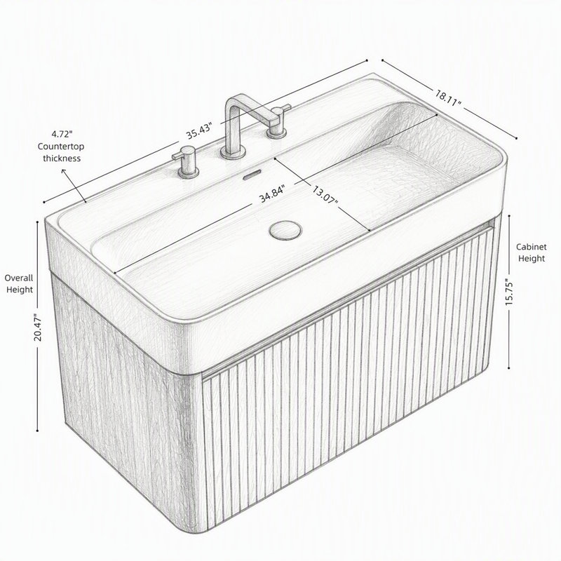Meuble-lavabo suspendu avec lavabo intégré en surface solide et armoire de rangement en bois de noyer pour les maisons modernes