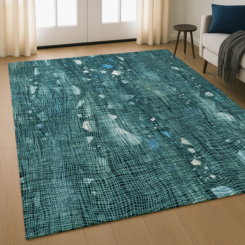 Premium Machine Washable Mayfield AMF2092 Abstract Rug, Teal, 9' x 12'