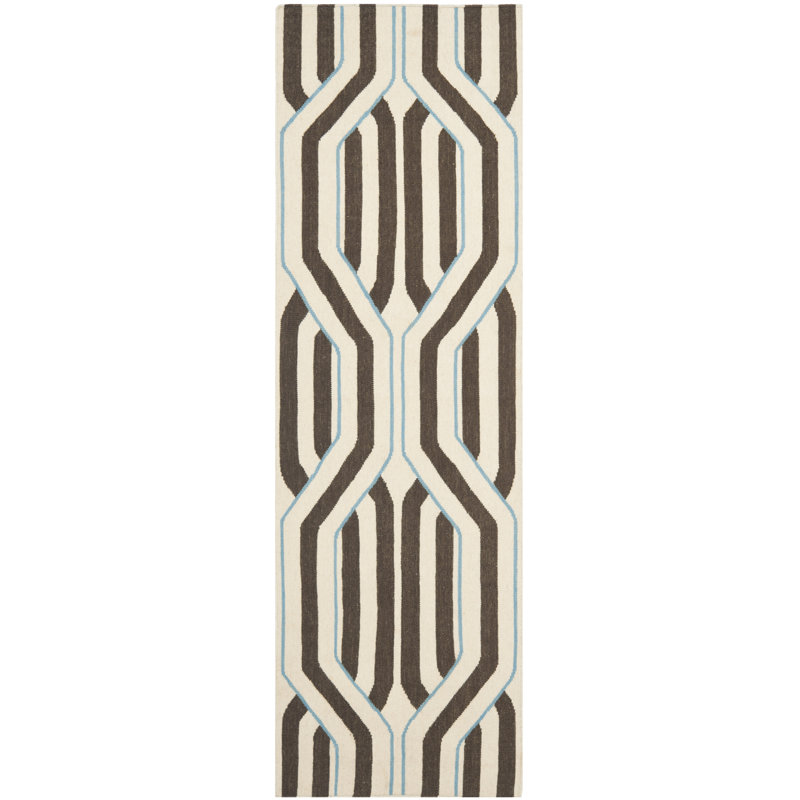 Dhurries Hand Woven Flat Weave Wool/Cotton Geometric Rug in Brown/Beige/Cream, Runner 2'6" x 8'