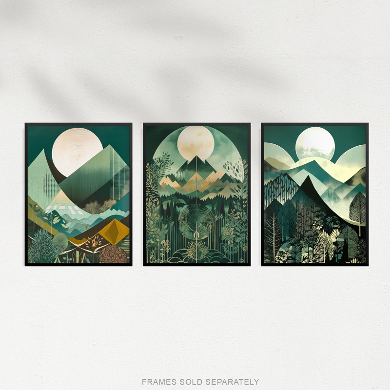Geometric Forest Mountain Landscape Boho Full Moon Sunrise - 3 Piece No Frame Print Set, 29.7cm H x 21cm W x 0.4cm D