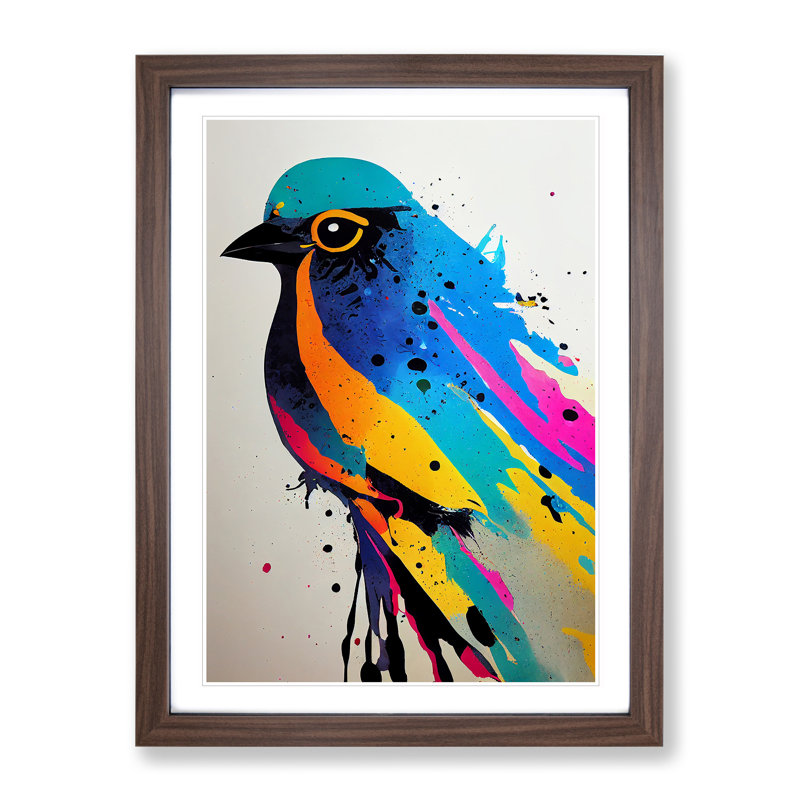Bird Paint Drips No.5 - Print, White, 64cm H x 46cm W x 2cm D, Walnut