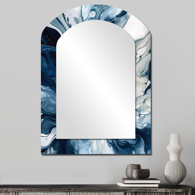 Bleu gris et gris Elixir I - Miroir mural moderne abstrait aux formes asymétriques, 34 po x 25 po
