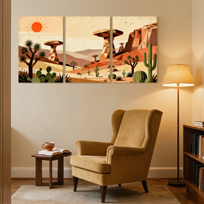 «Landscape & Nature Desert Landscape with Cacti and Rock Formations», ensemble de 3 impressions d'art sur toile