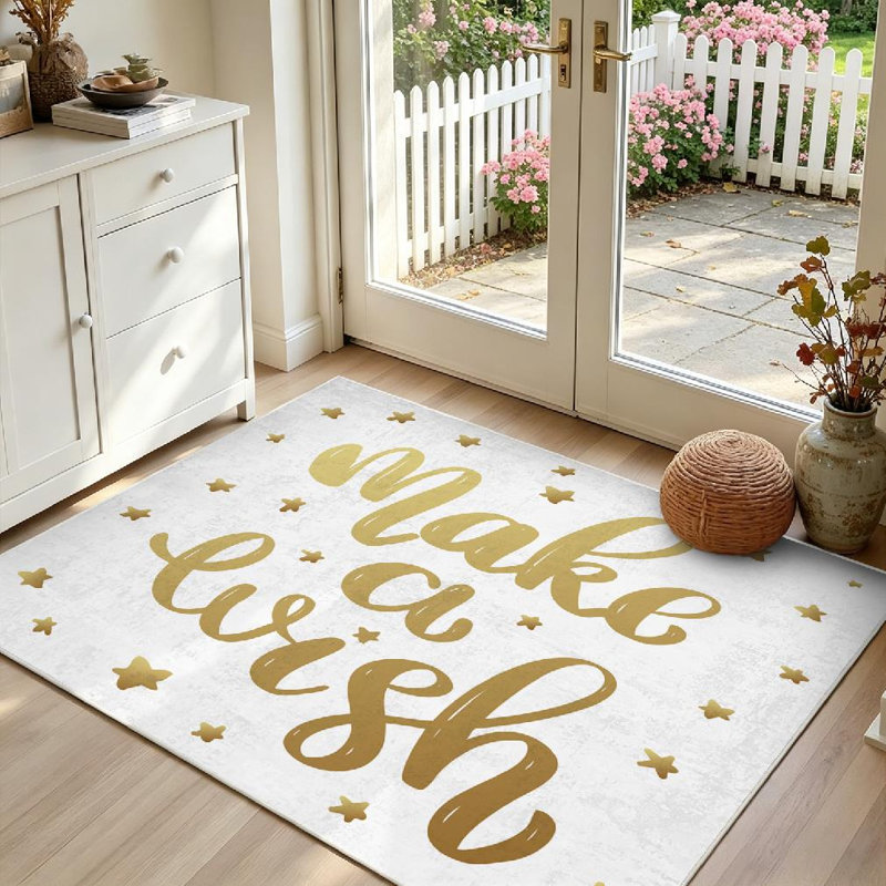 Tapis d'intérieur blanc, lavable à la machine, motif « Make Wish », style doré, Rectangle 39" x 63"