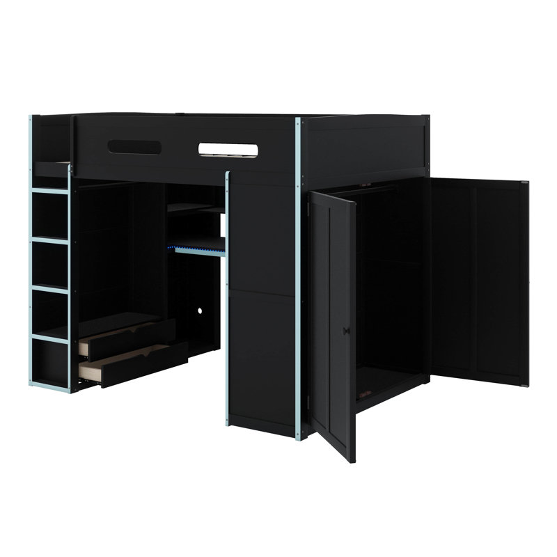 Lit mezzanine double avec bureau, garde-robe, tiroirs, port USB, bande à DEL RVB, lit pour poste de travail, Bleu nuage