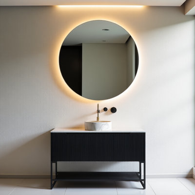 Meuble-lavabo de 48 po avec meuble-lavabo autoportant avec 3 portes et tablette ouverte, lavabo rond en céramique blanc brillant avec motif en pierre et plateau en pierre frittée blanc de Carrare, noir