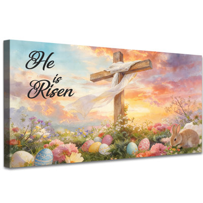 Large He is Risen Easter Canvas Wall Art, Christian Religious Decor with Cross, Bunny, Eggs, Spring Flowers, Ready to Hang Canvas Prints Poster for Home Bedroom Living Room Wall Artwork, 24×48 Inches