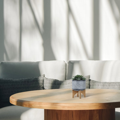 Pot à fleurs aztèque en céramique sur support en bois 5 po