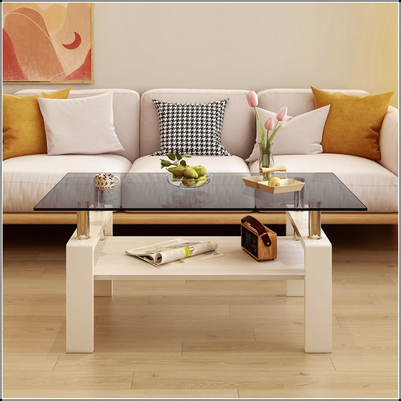 Table basse moderne moderne avec plateau en verre trempé et panneau de fibres à densité moyenne, parfaite pour les salons élégants