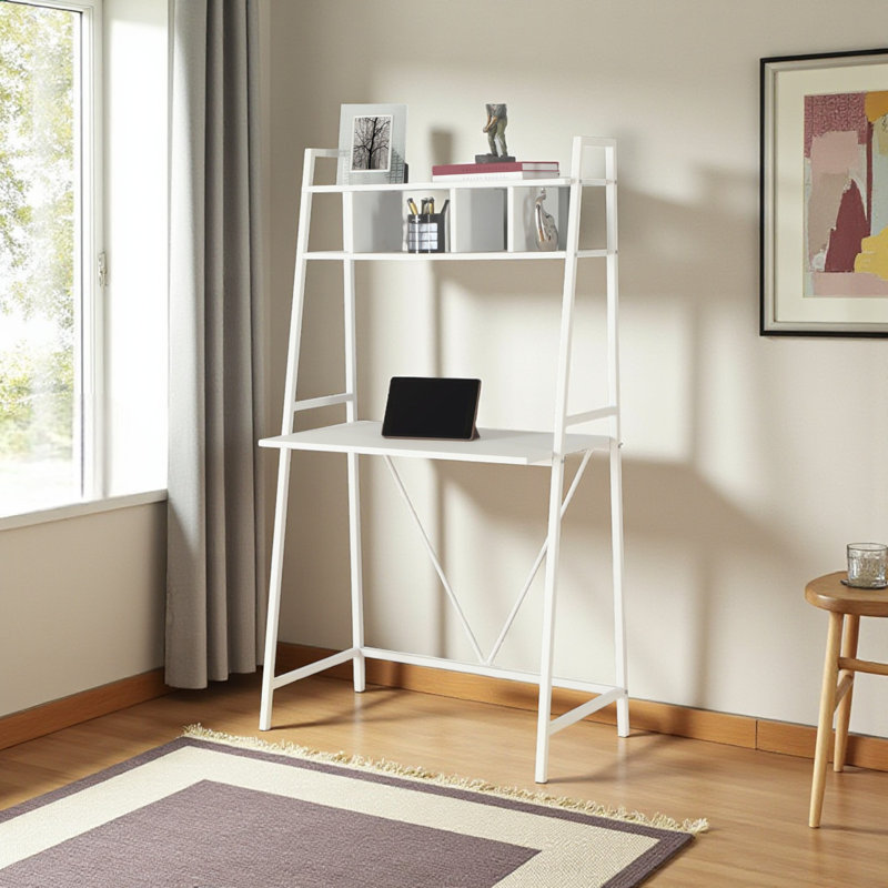 Gatria Contemporary White Finish & White Metal Computer Desk, 59.96" H X 31.76" W X 17.87" D