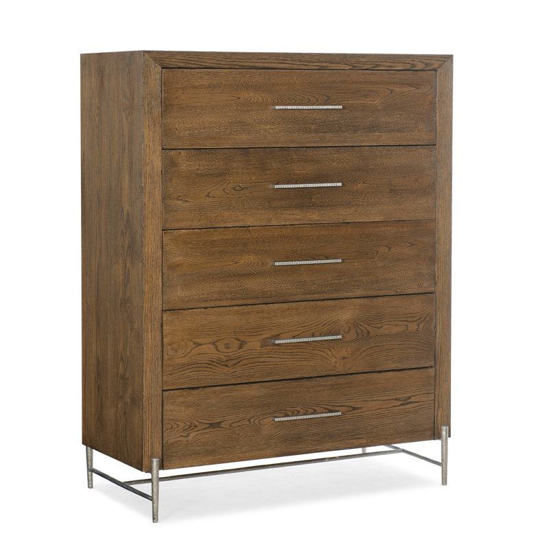 Medium Brown Oak Five-Drawer Dresser with Pewter Hardware