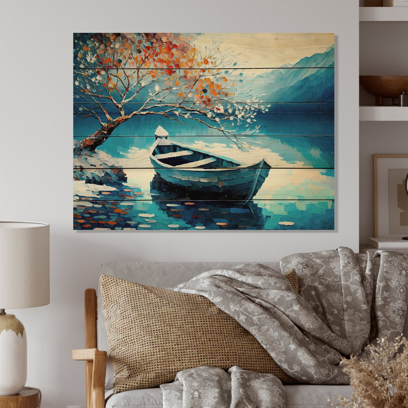 Samak Canoe On Lake In Winter - impression sans cadre sur bois, H 30 po x l 40 po x P 1,5 po