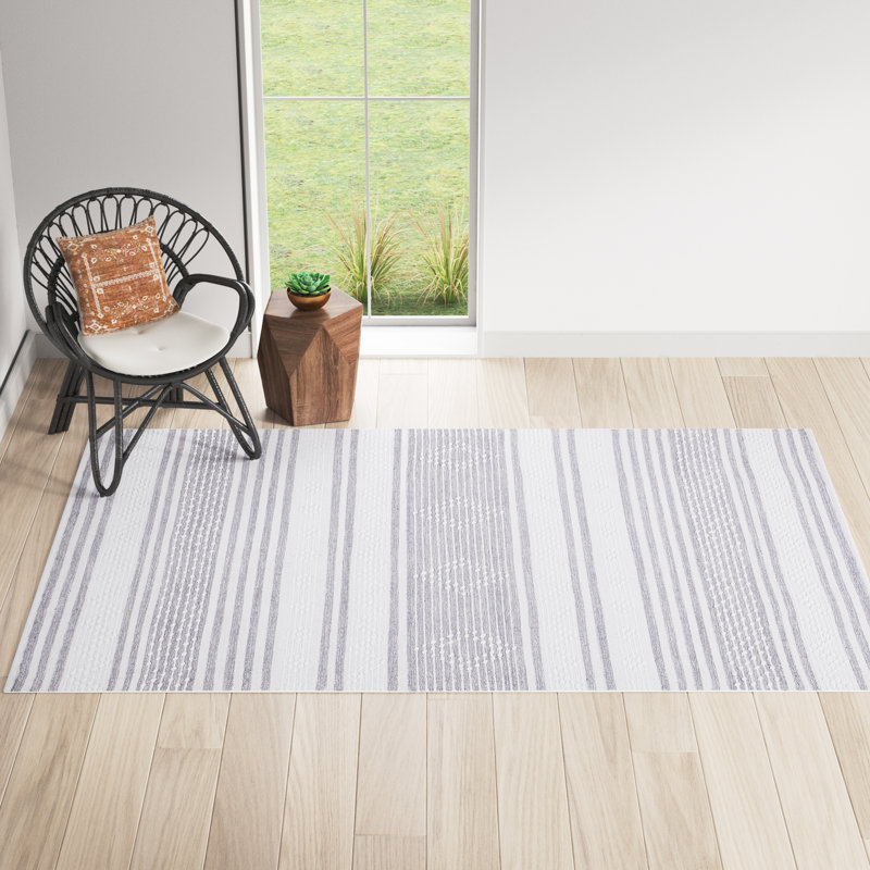 Adamsville Striped Hand-Woven Wool/Cotton Cream/Gray Area Rug, Rectangle 8' x 10'