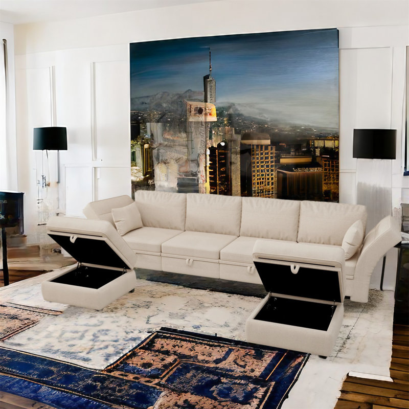 Upholstered U-Shaped Sectional Symmetrical, Beige Linen Blend