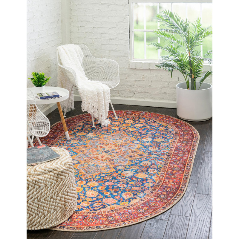 Tapis oriental bleu marine / rouge / orange, Ovale 5 pi x 8 pi