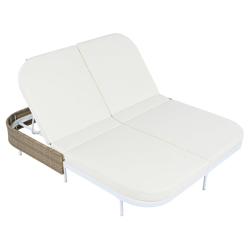 Outdoor Daybed with 5-Position Backrest, Cushions and Iron Frame for Patio or Garden, Frame + Beige Cushion, White