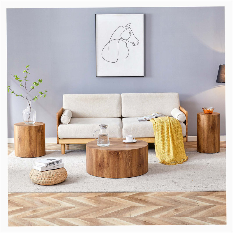 Modern Minimalist Set of Three Wood colour Cylinder Marble-Patterned MDF Living Room Table Sets.