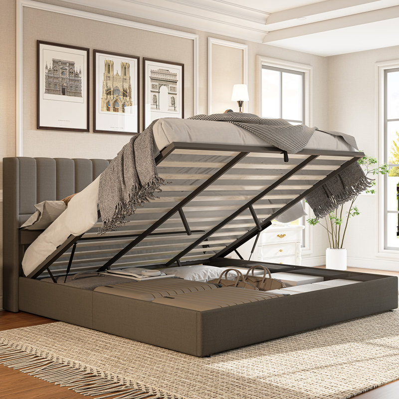 Modern Upholstered Platform Bed with Grid Tufted Headboard, King, Gray