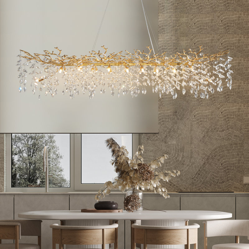 Modern K9 Raindrop Crystal Rectangular Tree Branches Chandeliers, 20, Gold, 17" H x 25" W x 71" D