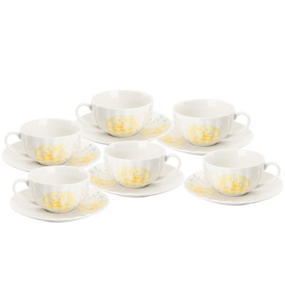 Service à thé 6 pièces en porcelaine florale 7 oz, tasses et soucoupes à garniture dorée, va au lave-vaisselle et au congélateur pour un cadeau de fête des Mères