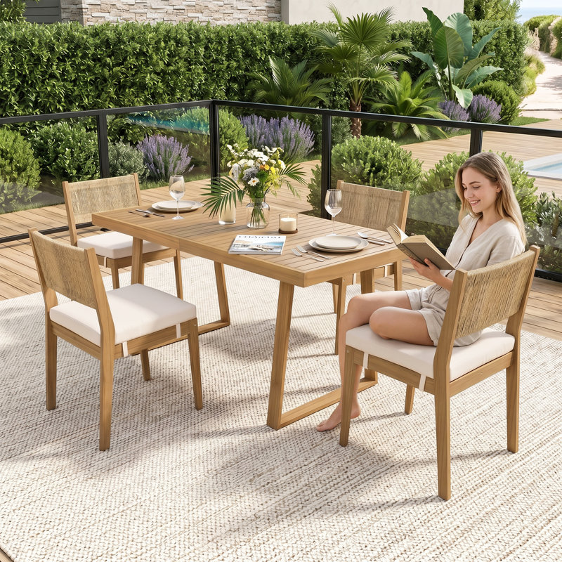 4 - Person Acacia Wood Patio Dining Set With Rectangular Table, Beige