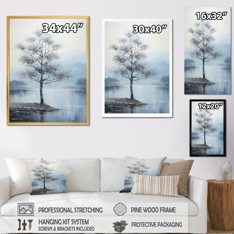 Grey Tree Monochrome Whispers Landscape III - Floral Canvas Prints, H 20 po x l 12 po x P 1 po, Cadre photo doré