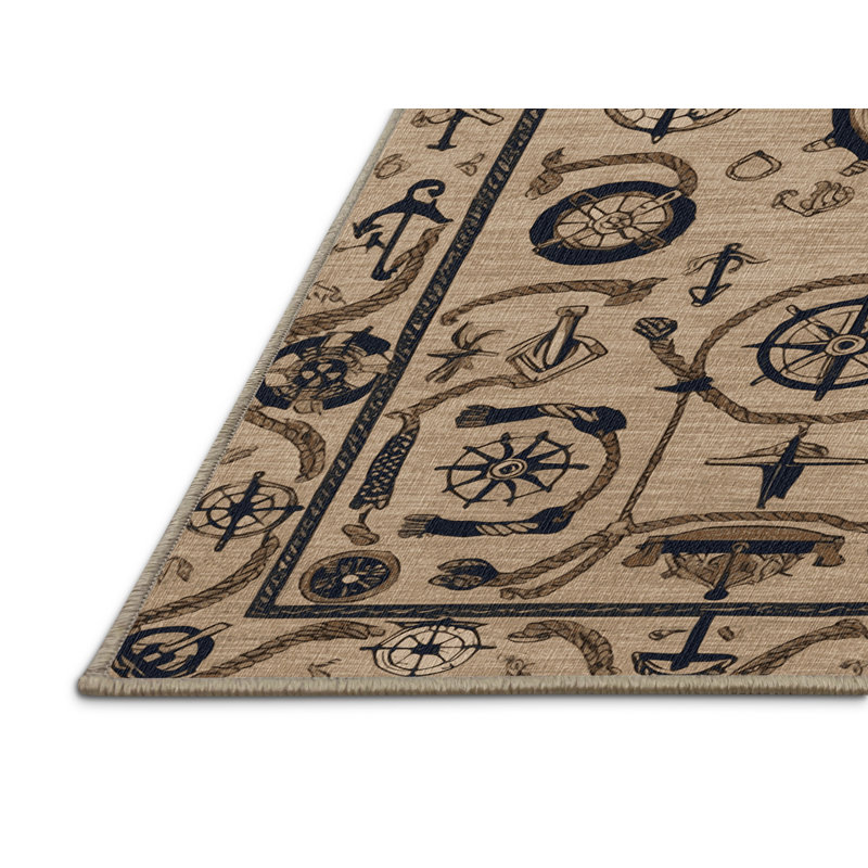 Washable Captains Quarters Coastal Area Rug, Round 7'