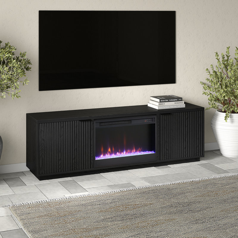 Mansfield Rectangular Fluted TV Stand with 26" Crystal Fireplace for TV's up to 78" in Black Grain, Espresso Wood