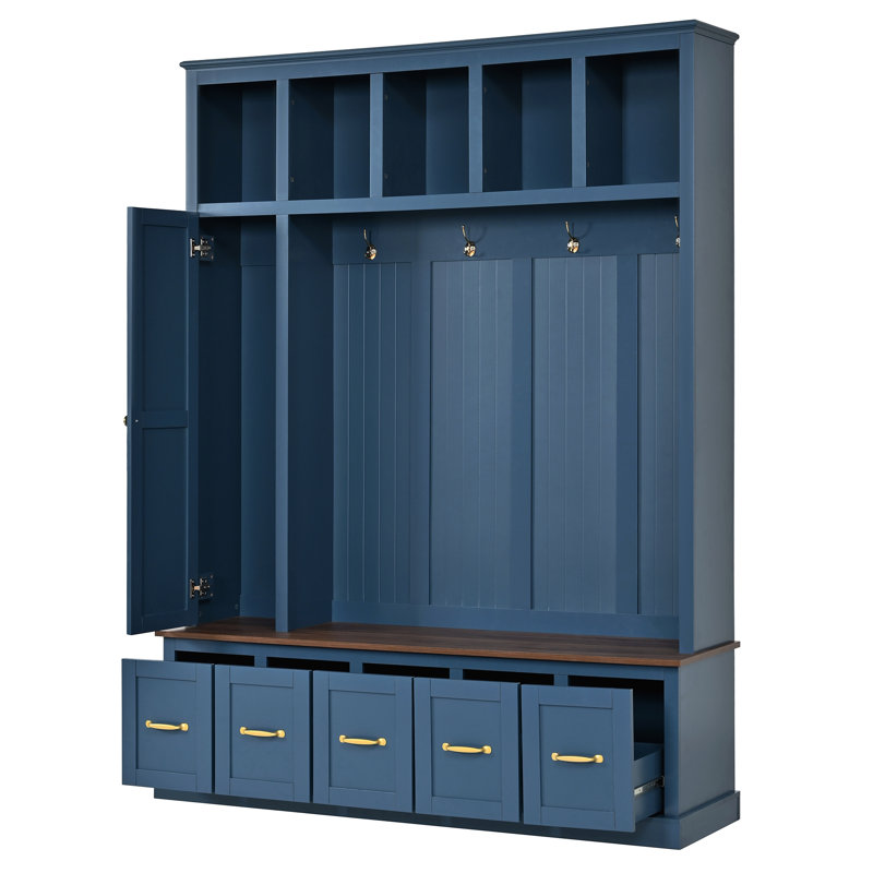 Arbre d'entrée avec porte-manteaux, banc à chaussures et armoire de rangement, Navy Blue