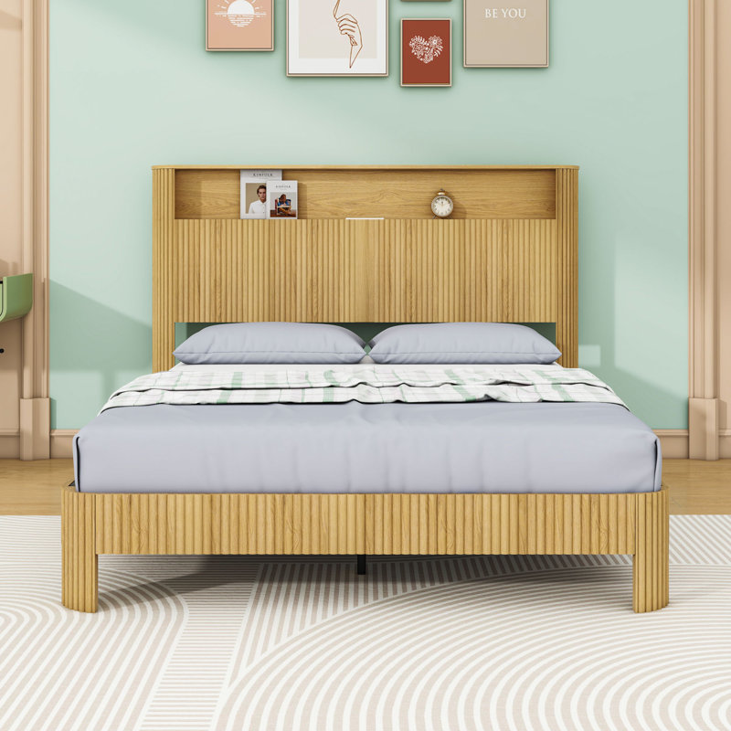 Lit plateforme en bois avec tête de rangement, station de charge USB et prise, Naturel, Grand lit