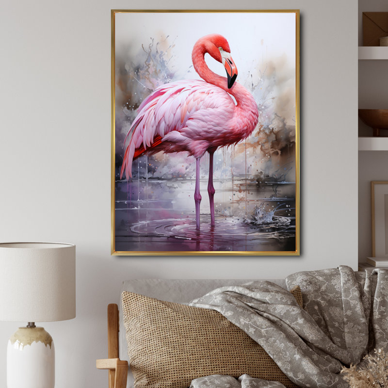Hummna corail flamant délicat II - imprimé, 40" H x 30" W, Cadre flottant doré