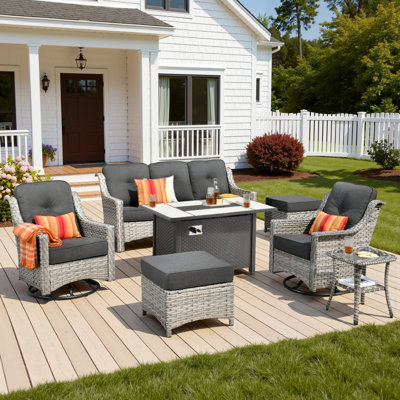 Daliya 7 - Person Outdoor Wicker Patio Conversation Furniture Set With Fire Pit Table And Swivel Rocking Chairs
