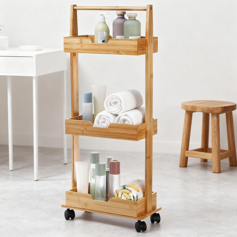 Support de douche en bambou avec roulettes, organisateur de salle de bain à 3 niveaux pour douche, baignoire, cuisine, tablette de plancher imperméable avec roues coulissantes et drainage rapide