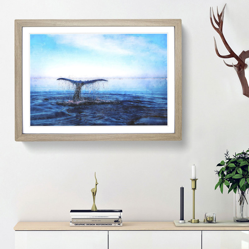 Whale Tail from the Ocean - Picture Frame Painting Print, 24cm H x 33cm W x 2cm D, Oak Framed