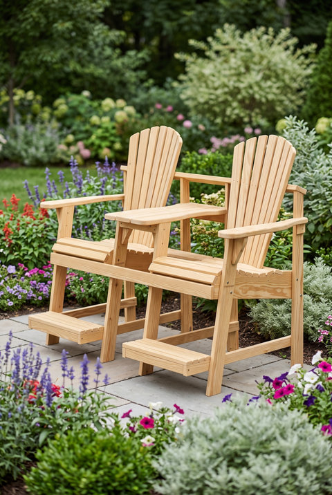 Banc de jardin double en bois de style Adirondack avec table centrale intégrée et repose-pieds, installé sur un patio entouré de jardins fleuris.