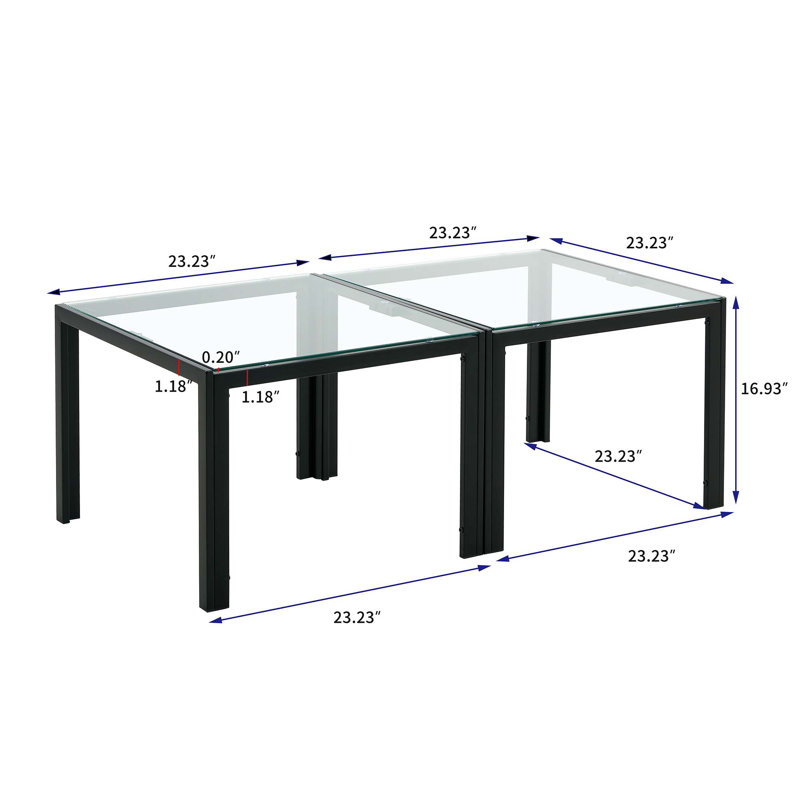 Square Black Metal Coffee Table Set with Tempered Glass Top