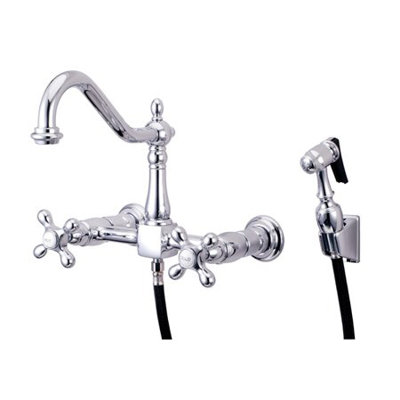 Heritage Double Handle Wall Mount Bridge Kitchen Faucet with Metal Cross Handles and Side Spray