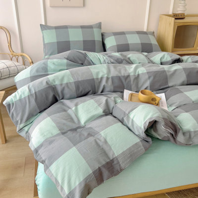 3 - Piece Washed Grid Plaid Duvet Set - 1 Duvet Cover & 2 Pillowcases (No Core), Gingham Linen - Inspired Comfort, Check Geometric Design, Ultra - Soft and Breathable for Teens' Dorm Bedrooms