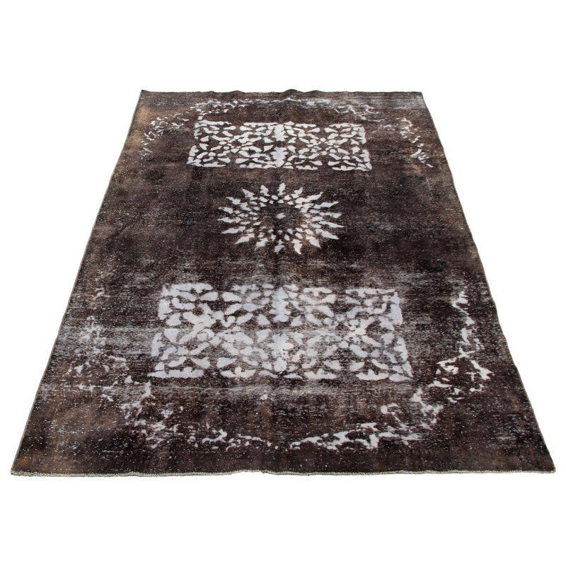 Tapis unique gris foncé / blanc en laine noué à la main de style années 1990 de 6 pi 4 po x 10 pi 8 po