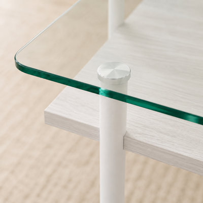 Table basse rectangulaire en verre trempé, structure en métal blanc, tablette inférieure