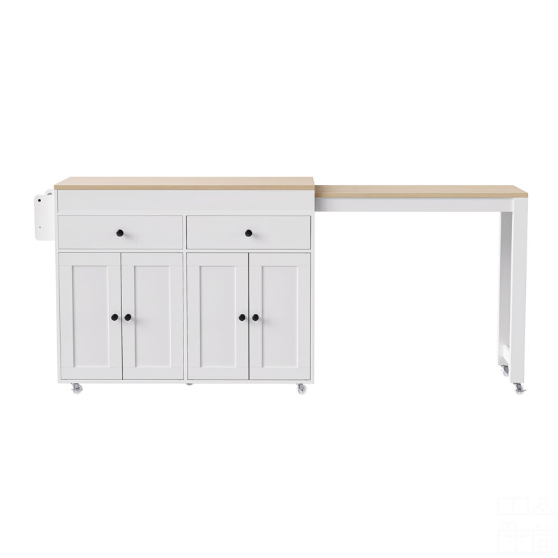 Îlot de cuisine 74,5 pouces avec table de salle à manger extensible, îlot de cuisine sur roulettes avec support à épices et 2 tiroirs, chariot de rangement de cuisine avec armoire à 4 portes