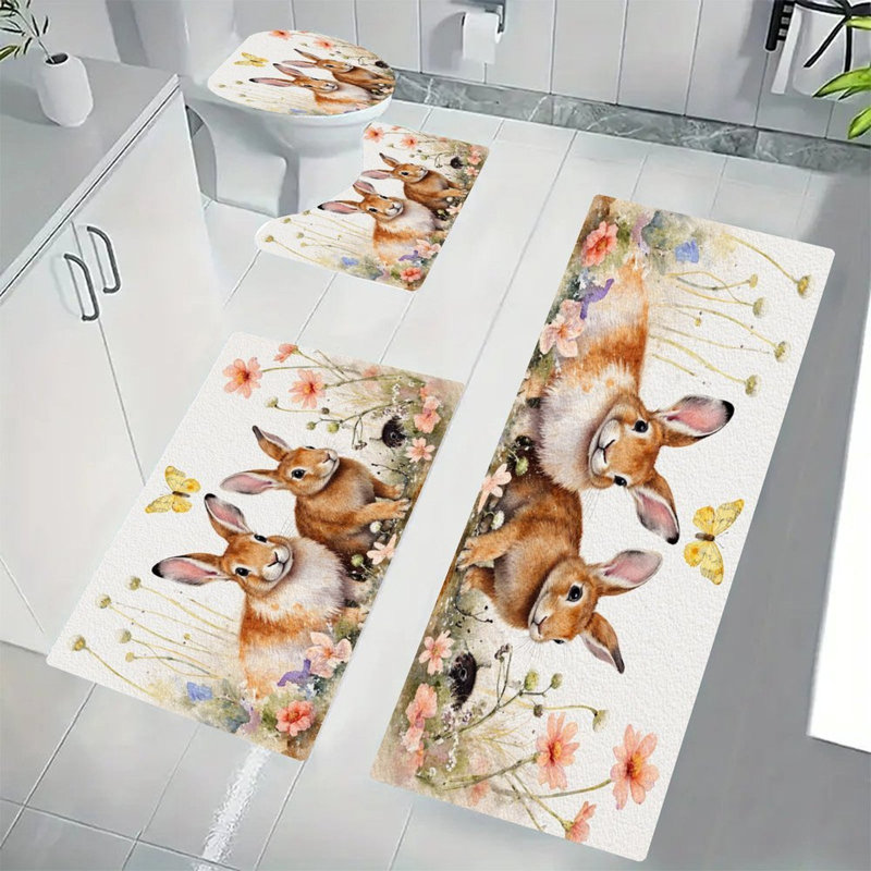 Ensemble de tapis de bain Watercolor Bunnies in Spring, 4 pièces pour la toilette