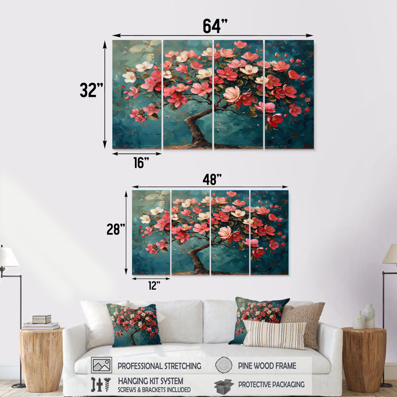 Bleu et rose, fleur de pommier en fleurs, ensemble d'art sur toile, H 32 po x l 64 po