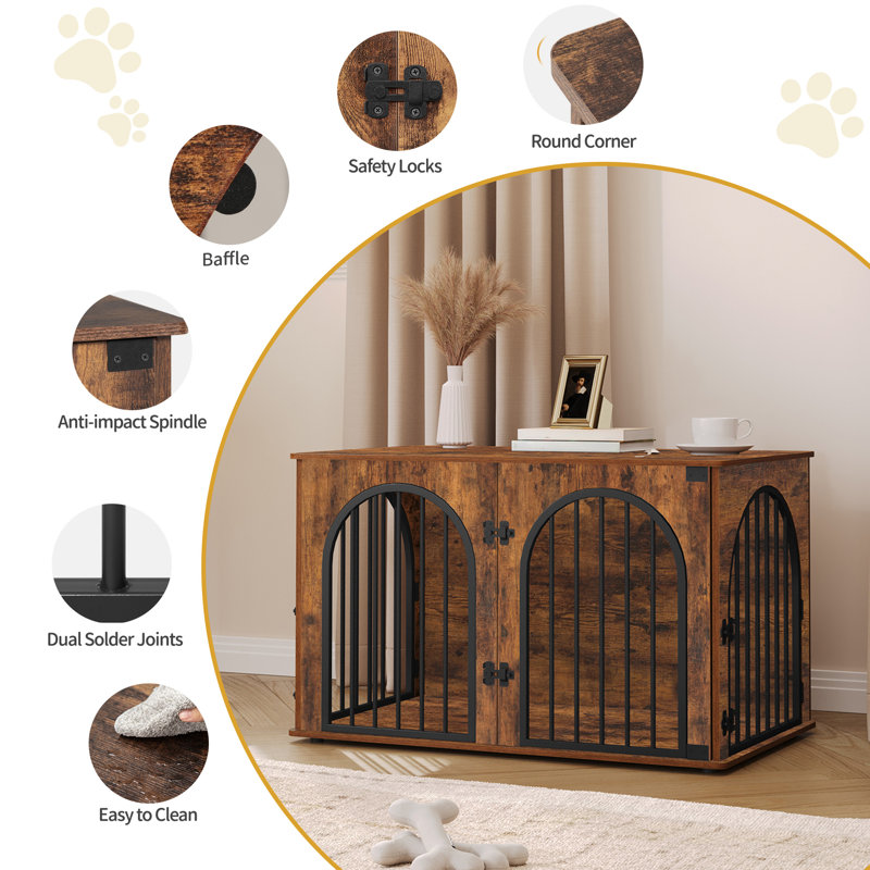 Dog Crate Furniture, Wooden Dog Crate, Indoor Kennel for Small/Medium/Large Dogs, End Side Table Animal Crates, Anti-Chew, Anti-Escape, Arched Door Design